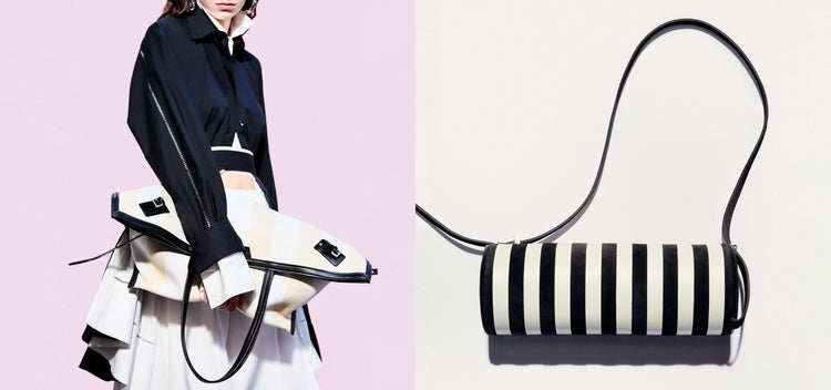 Diptych image of model standing against pink backdrop, wearing Laci Skirt in Eco Cotton Poplin in White holding Days Carryall in Striped Canvas in Resin/White and aerial image of Silo Bag in Pieced Stripes in black/white