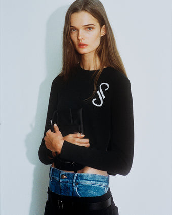Cropped image of model wearing Stella Monogram Sweater in cashmere jacquard in black