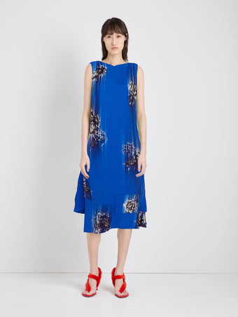 Proenza Schouler Front full length image of model wearing Rhetta Dress in Printed Viscose Cady in Cerulean Multi