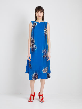 Proenza Schouler Front full length image of model wearing Rhetta Dress in Printed Viscose Cady in Cerulean Multi