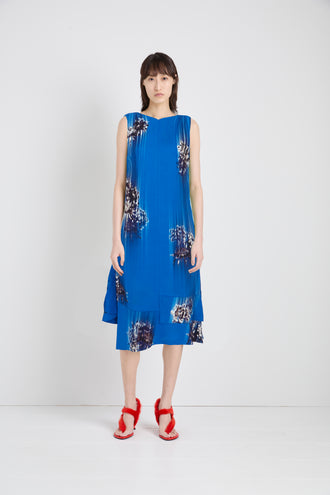 Proenza Schouler Front full length image of model wearing Rhetta Dress in Printed Viscose Cady in Cerulean Multi
