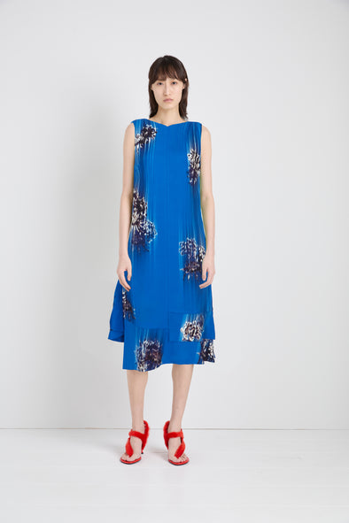 Proenza Schouler Front full length image of model wearing Rhetta Dress in Printed Viscose Cady in Cerulean Multi