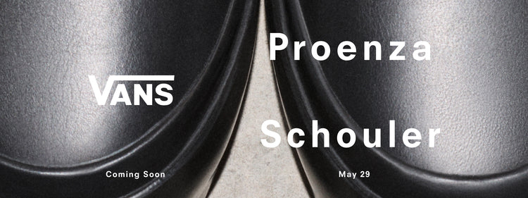 Cropped image of Vans x Proenza Schouler Puffy Slip-On Shoes in black, 'Vans Proenza Schouler, Coming Soon May 29' overlaid