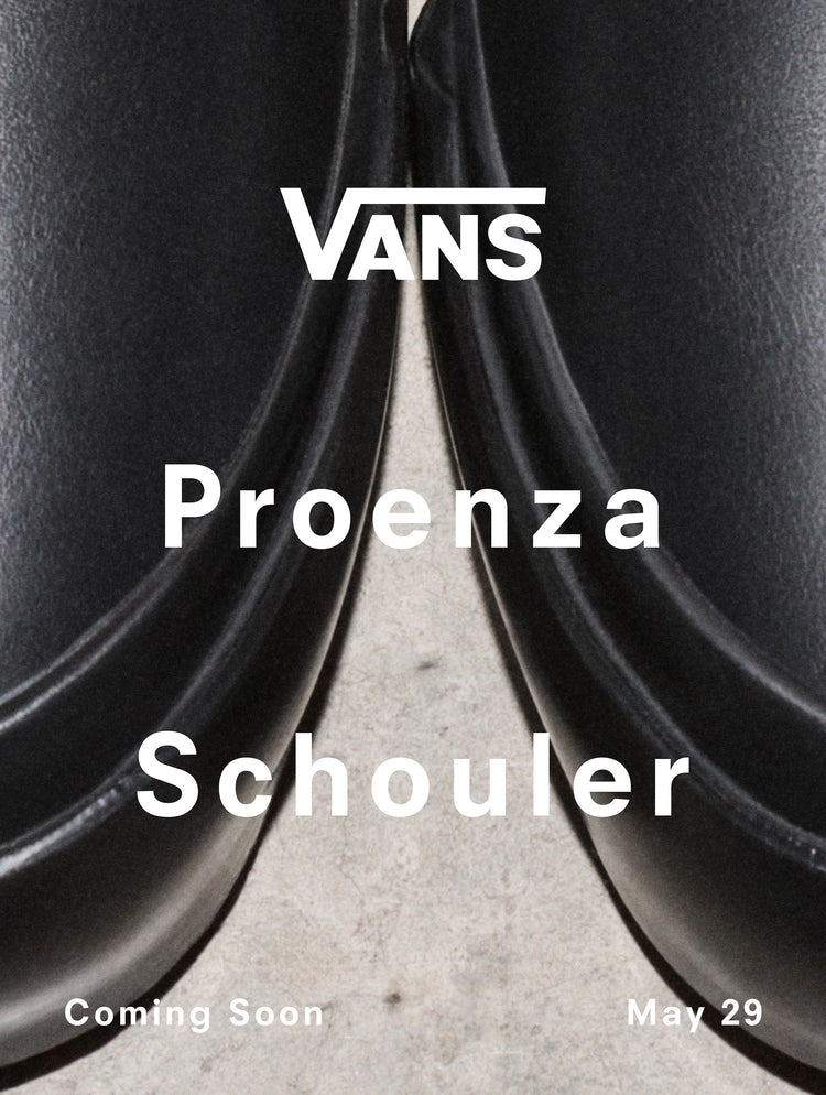 Cropped image of Vans x Proenza Schouler Puffy Slip-On Shoes in black, 'Vans Proenza Schouler, Coming Soon May 29' overlaid