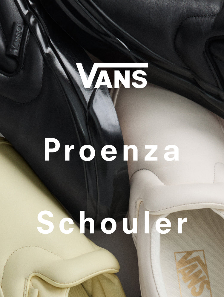 Pile of Vans x Proenza Schouler Puffy Slip-On Shoes in resin, ecru, and black, 'Vans Proenza Schouler' overlaid