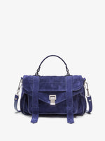 Proenza Schouler Front Still Life Image of PS1 Medium Bag in Soft Suede in Deep Navy