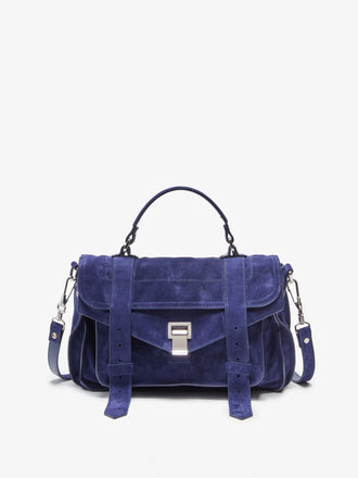 Proenza Schouler Front Still Life Image of PS1 Medium Bag in Soft Suede in Deep Navy