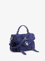Proenza Schouler Side Still Life Image of PS1 Medium Bag in Soft Suede in Deep Navy