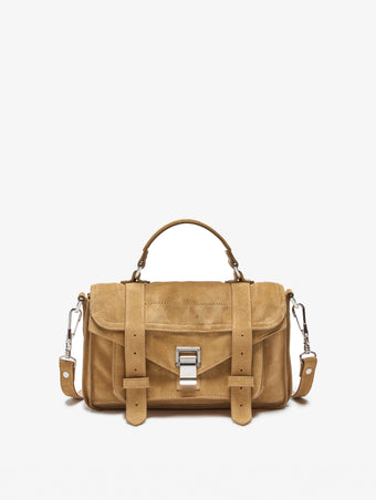 Proenza Schouler Front Still Life Image of PS1 Tiny Bag in Soft Suede in Hazel