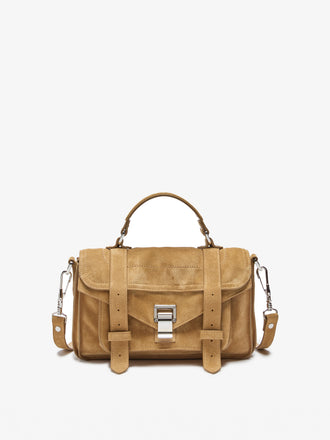 Proenza Schouler Front Still Life Image of PS1 Tiny Bag in Soft Suede in Hazel