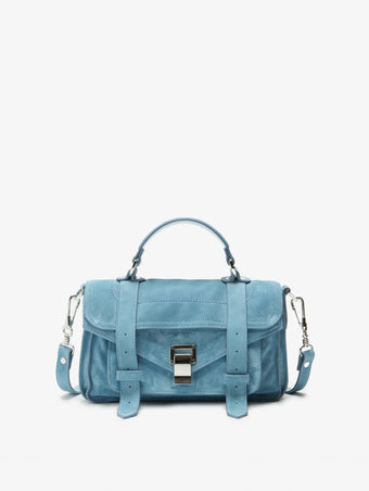 Proenza Schouler Front Still Life Image of PS1 Tiny Bag in Soft Suede in Sky