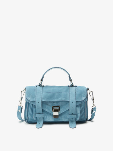 Proenza Schouler Front Still Life Image of PS1 Tiny Bag in Soft Suede in Sky