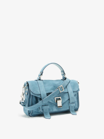 Proenza Schouler Side Still Life Image of PS1 Tiny Bag in Soft Suede in Sky