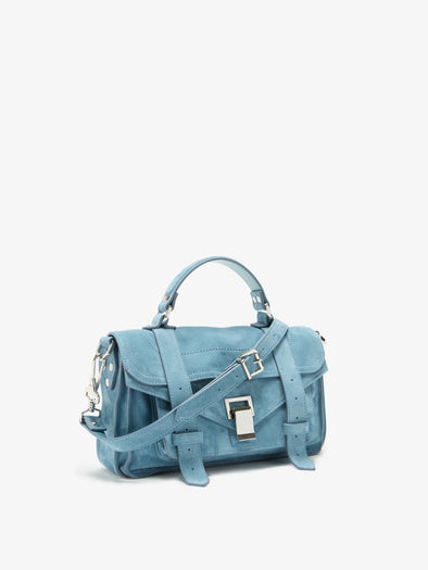 Proenza Schouler Side Still Life Image of PS1 Tiny Bag in Soft Suede in Sky