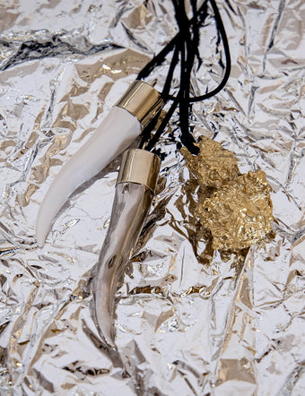 Rock Necklace in Gold and Horn Pendants in white and silver on silver foil backdrop