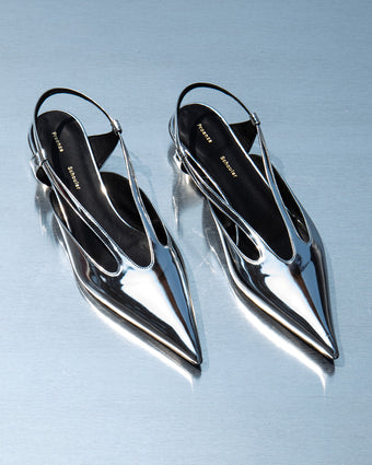 Aerial image of Point Slingback Pumps in silver Mirrored Metallic on metallic backdrop