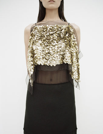 Cropped image of model in Zaha Dress In Embroidered Metallic Silk in black multi