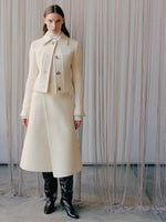 Proenza Schouler Front full length image of model wearing Kinsley Jacket in Boucle Twill Suiting in Off White
