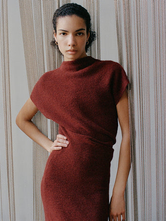 Proenza Schouler Front full length image of model wearing Abie Dress in Clean Boiled Wool in Cinnamon