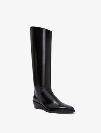 Proenza Schouler front 3/4 image of Bronco Knee High Boots in Spazzolato Leather in black