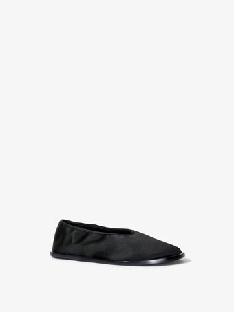 Front 3/4 image of the Soft Square Slippers in satin black