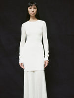 Cropped image of a model wearing Anita Dress in Knit Sheer Mesh in off white.
