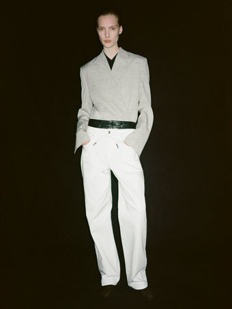 Image of model wearing Hadley Jacket in Melange Viscose Linen in grey multi and Ellsworth Jean in white styled with Strobel Belt in white and Smith Pant in Leather in black underneath.