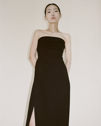 Cropped image of model wearing Shira Strapless Dress in Matte Viscose Crepe in black.