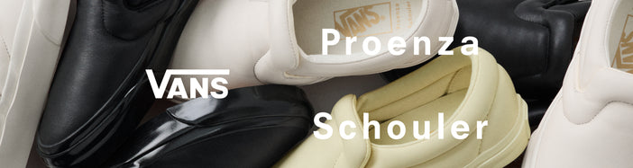 Pile of Vans x Proenza Schouler Puffy Slip-On Shoes in resin, ecru, and black, 'Vans Proenza Schouler' overlaid