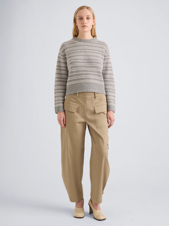 Proenza Schouler Front full length image of model wearing Pandora Sweater I n Wool Stripe in Coal Grey