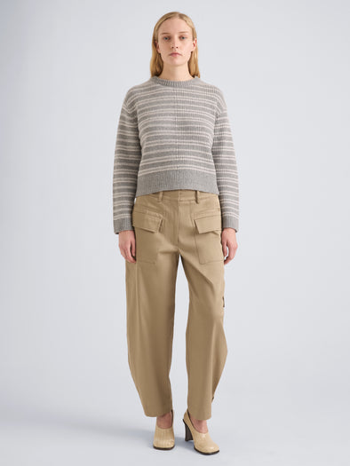 Proenza Schouler Front full length image of model wearing Pandora Sweater I n Wool Stripe in Coal Grey