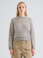 Proenza Schouler Front cropped image of model wearing Pandora Sweater in Wool Stripe in Coal Grey