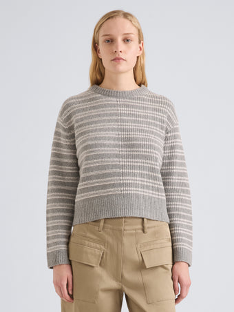 Proenza Schouler Front cropped image of model wearing Pandora Sweater in Wool Stripe in Coal Grey