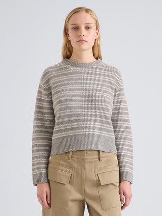 Proenza Schouler Front cropped image of model wearing Pandora Sweater in Wool Stripe in Coal Grey