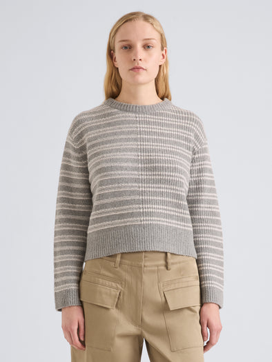 Proenza Schouler Front cropped image of model wearing Pandora Sweater in Wool Stripe in Coal Grey