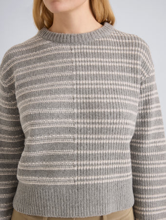 Proenza Schouler Detail image of model wearing Pandora Sweater in Wool Stripe in Coal Grey
