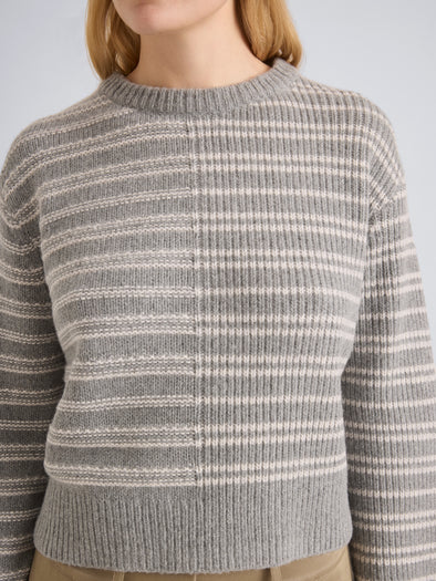 Proenza Schouler Detail image of model wearing Pandora Sweater in Wool Stripe in Coal Grey