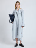 Proenza Schouler Front full length image of model wearing the Phillipa Dress in Stripe Cotton Silk Poplin in Grey Multi 