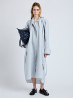 Proenza Schouler Front full length image of model wearing the Phillipa Dress in Stripe Cotton Silk Poplin in Grey Multi 