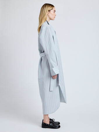 Proenza Schouler Side full length image of model wearing the Phillipa Dress in Stripe Cotton Silk Poplin in Grey Multi 