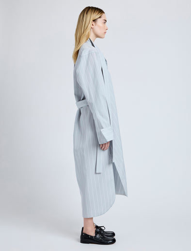 Proenza Schouler Side full length image of model wearing the Phillipa Dress in Stripe Cotton Silk Poplin in Grey Multi 