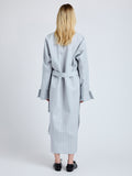 Proenza Schouler Back full length image of model wearing the Phillipa Dress in Stripe Cotton Silk Poplin in Grey Multi 