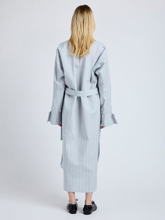 Proenza Schouler Back full length image of model wearing the Phillipa Dress in Stripe Cotton Silk Poplin in Grey Multi 