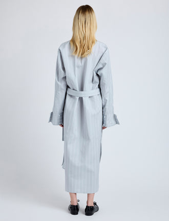 Proenza Schouler Back full length image of model wearing the Phillipa Dress in Stripe Cotton Silk Poplin in Grey Multi 