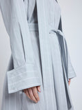 Proenza Schouler Detail image of model wearing the Philippa Dress in Stripe Silk Poplin Grey Multi