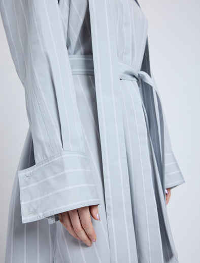 Proenza Schouler Detail image of model wearing the Philippa Dress in Stripe Silk Poplin Grey Multi
