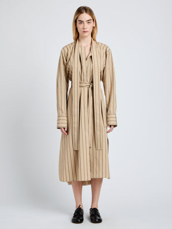 Proenza Schouler front image of model wearing Phillipa Dress in Stripe Cotton Silk Poplin in taupe multi