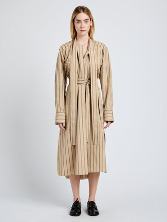 Proenza Schouler front image of model wearing Phillipa Dress in Stripe Cotton Silk Poplin in taupe multi