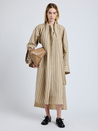 Proenza Schouler front image of model wearing Phillipa Dress in Stripe Cotton Silk Poplin in taupe multi