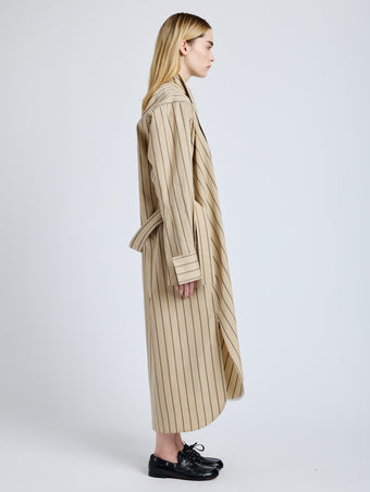 Proenza Schouler side image of model wearing Phillipa Dress in Stripe Cotton Silk Poplin in taupe multi